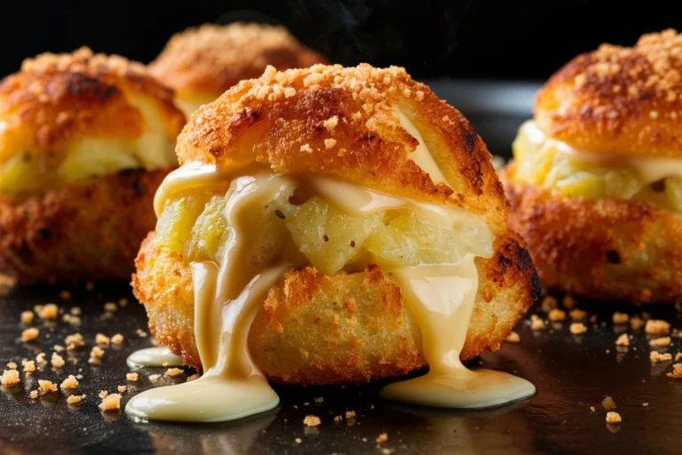 Close-up of creamy potato puffs with a crispy crust, served with a side of dipping sauce.