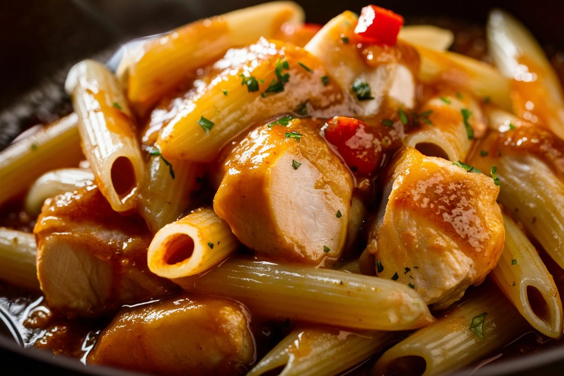 A delicious plate of Honey Pepper Chicken Pasta featuring golden-brown chicken chunks and penne pasta coated in a rich honey-pepper sauce, garnished with fresh herbs and red pepper pieces.