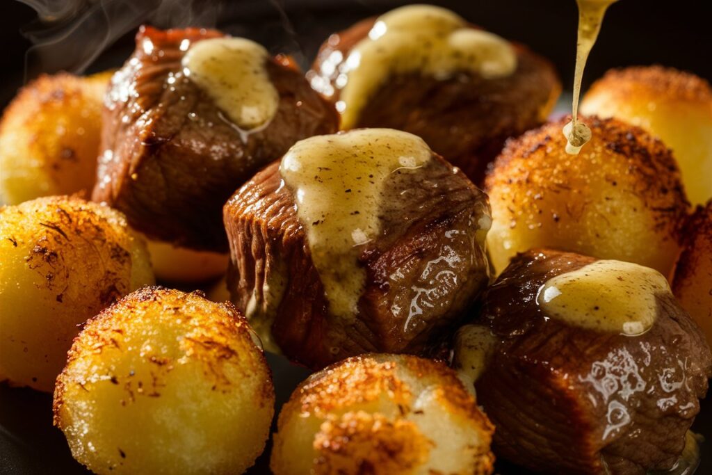 A close-up of seared beef bites dripping with garlic butter, paired with crispy potatoes.