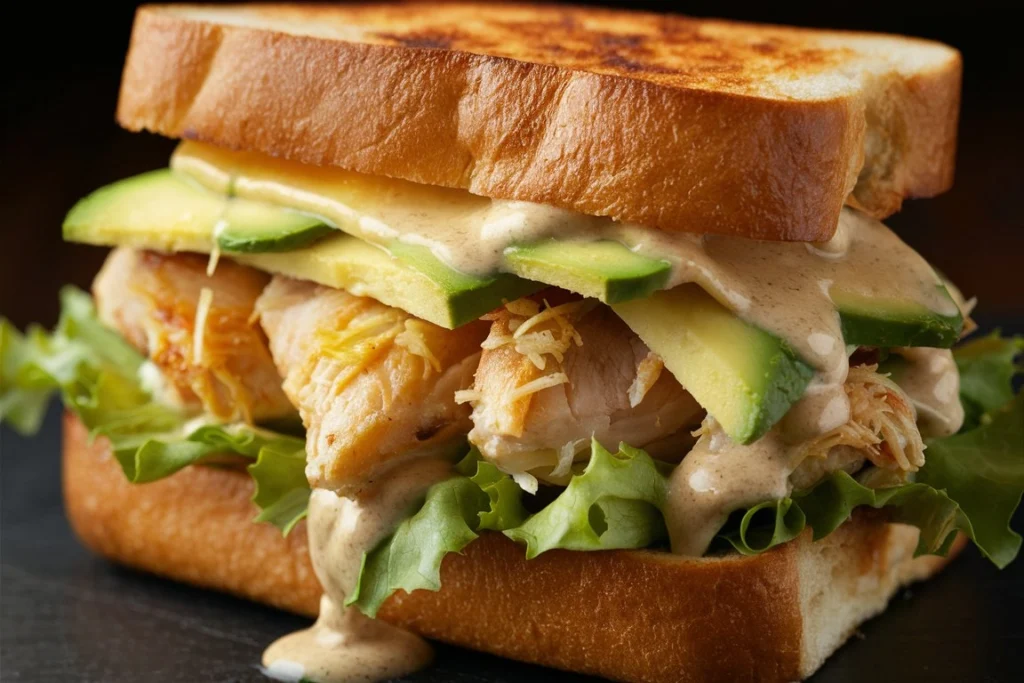 Toasted sandwich filled with grilled chicken, avocado, and melted cheese.
