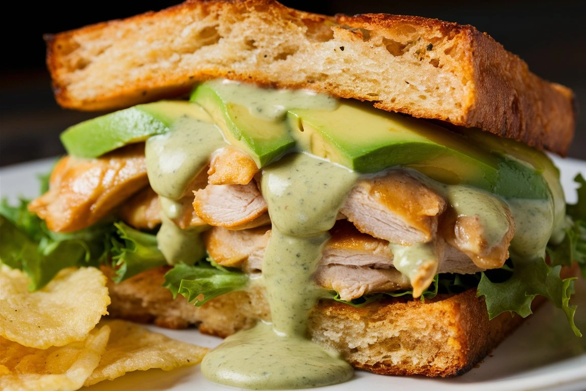 Grilled chicken, creamy avocado, and melted cheese in a soft sandwich bun.