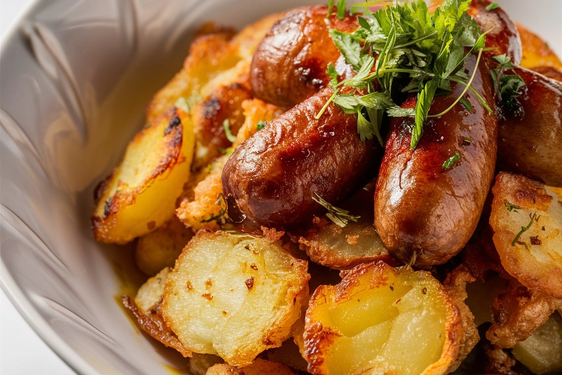 A skillet filled with crispy fried potatoes and browned smoked Polish sausage, garnished with fresh parsley.