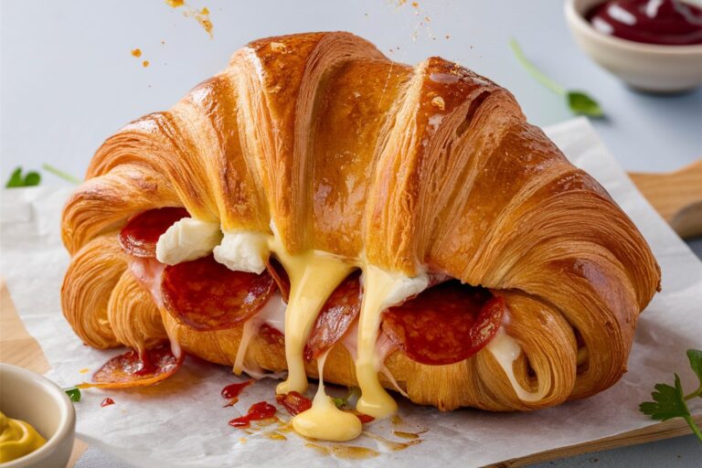 Close-up of golden-brown pepperoni mozzarella croissants, ready to be served