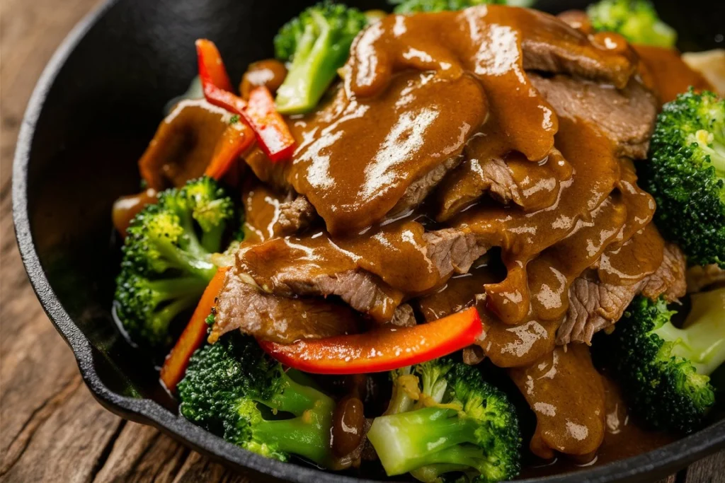 Homemade Beef and Broccoli Stir Fry over steamed white rice, garnished with green onions