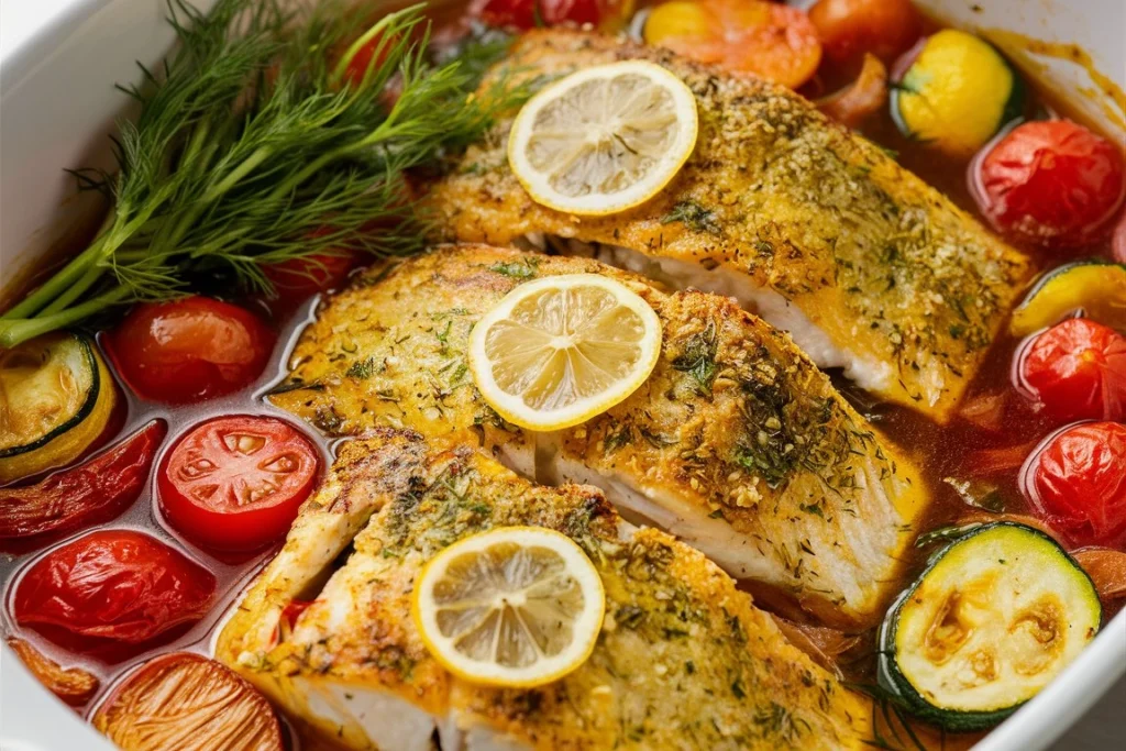 Baked fish topped with lemon slices and fresh herbs