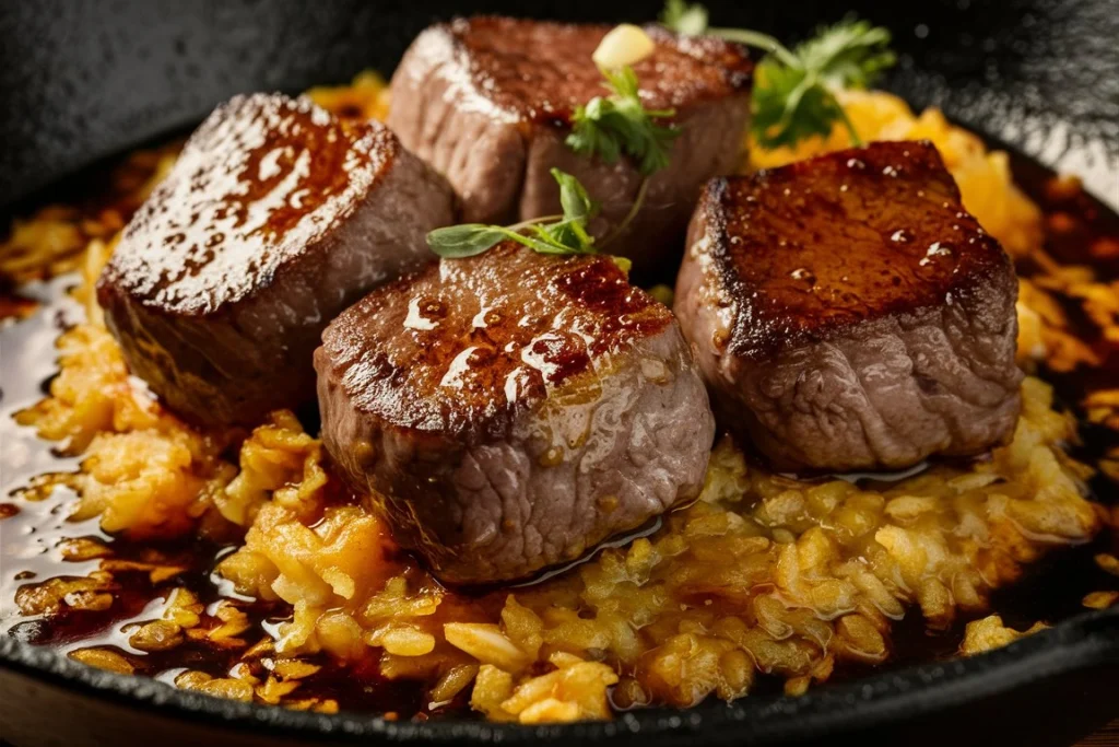 Tender steak bites coated in a rich honey garlic butter sauce, served over fluffy rice in a skillet