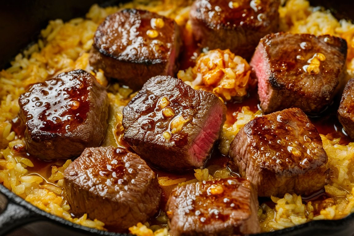 Close-up of honey garlic butter steak and rice skillet, garnished with fresh parsley in a black cast-iron pan.