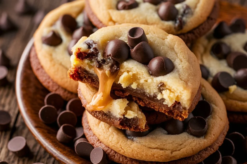 Close-up of a Chocolate Chip Cheesecake Cookie showing the creamy cheesecake center.
