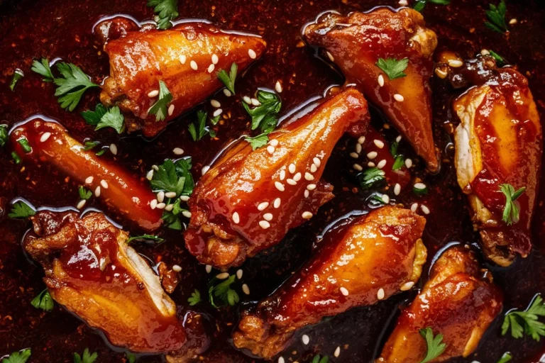 A plate of Sweet and Spicy Chicken Wings with a sticky glaze and garnished with green onions.