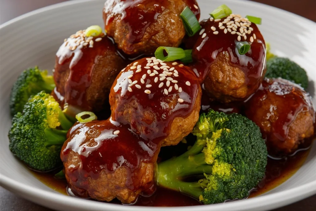 Juicy Mongolian Meatballs coated in a sticky, savory sauce, served with vibrant green broccoli and garnished with sesame seeds and chopped green onions.