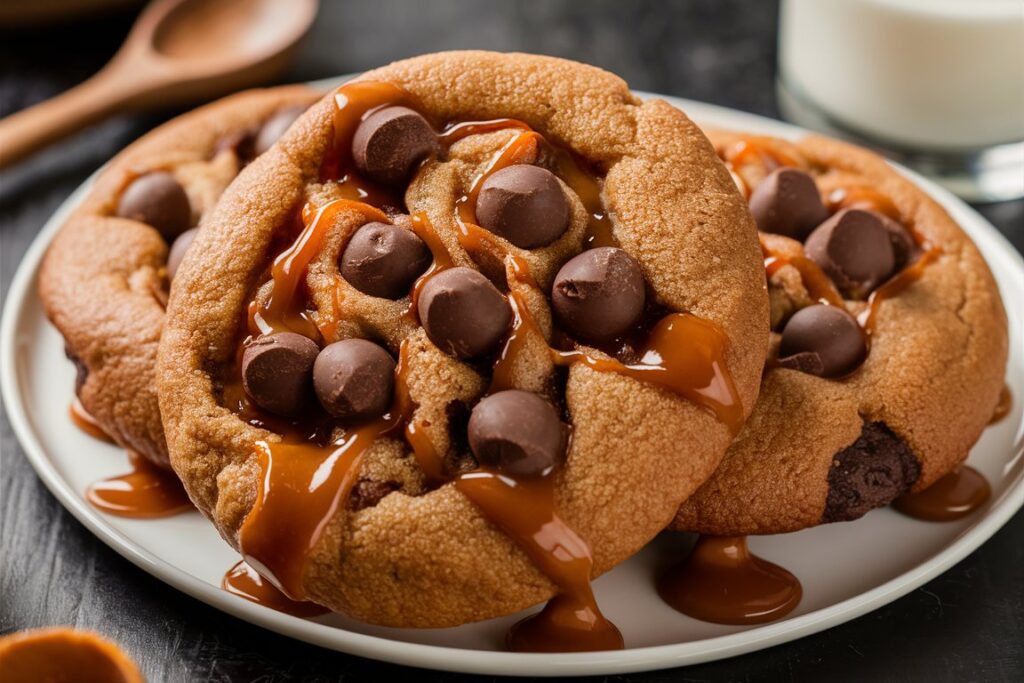 Homemade caramel chocolate cookies fresh out of the oven
