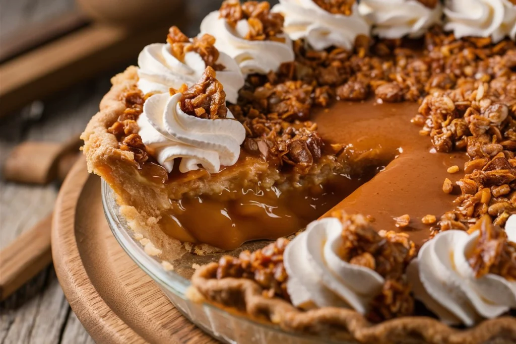 Praline Caramel Pie cooling on a kitchen counter
