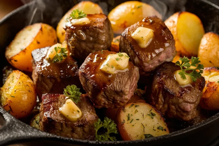 Juicy garlic butter steak bites with crispy potatoes in a cast iron skillet