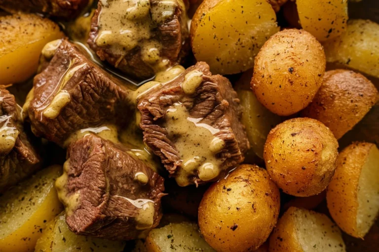 Juicy garlic butter beef bites with crispy golden potatoes in a skillet.