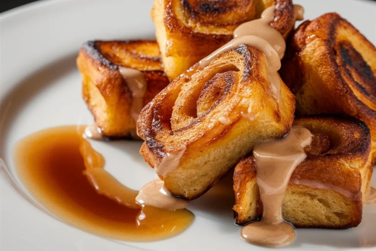 A plate of Cinnamon Roll French Toast with golden-brown slices drizzled with creamy glaze.