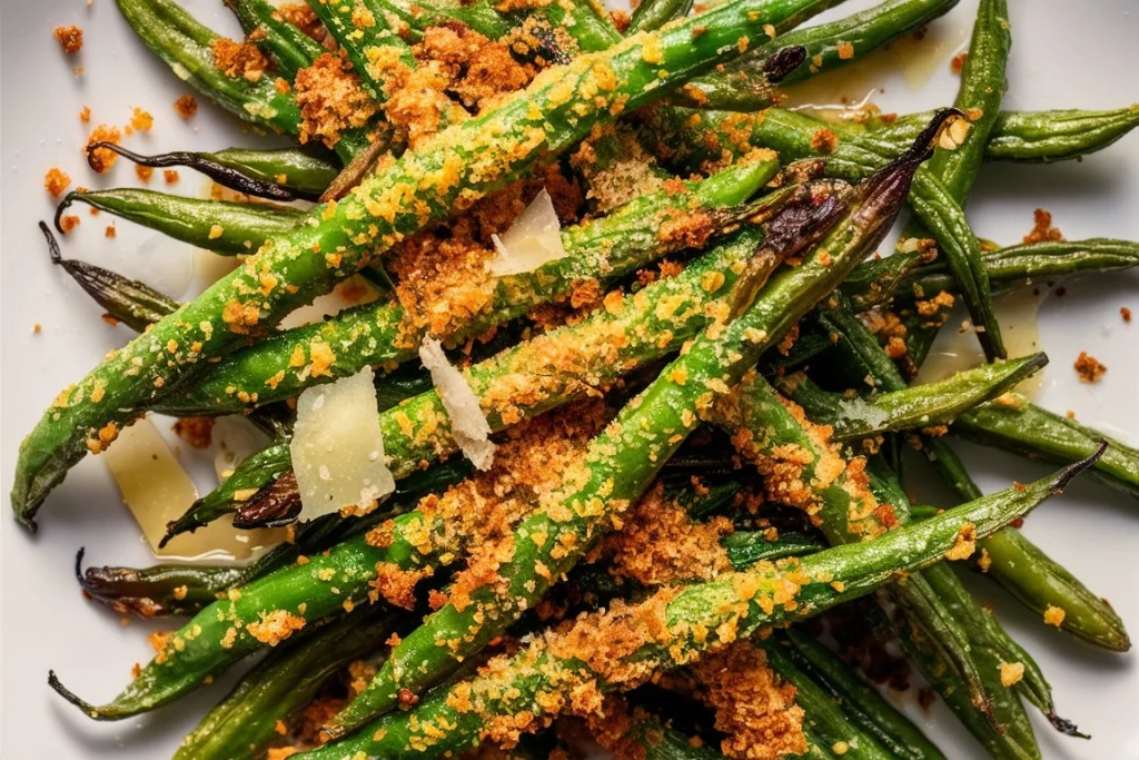 Roasted Parmesan green beans on a baking sheet, fresh out of the oven.
