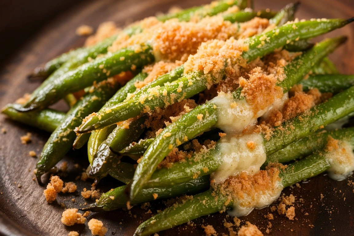 A plate of crispy roasted Parmesan green beans with a golden cheese crust.