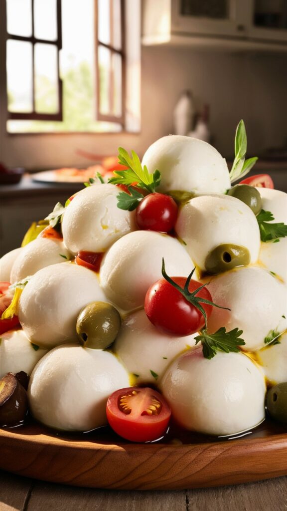 Handmade fresh mozzarella balls on a wooden board, with a rich, smooth surface and a milky sheen.