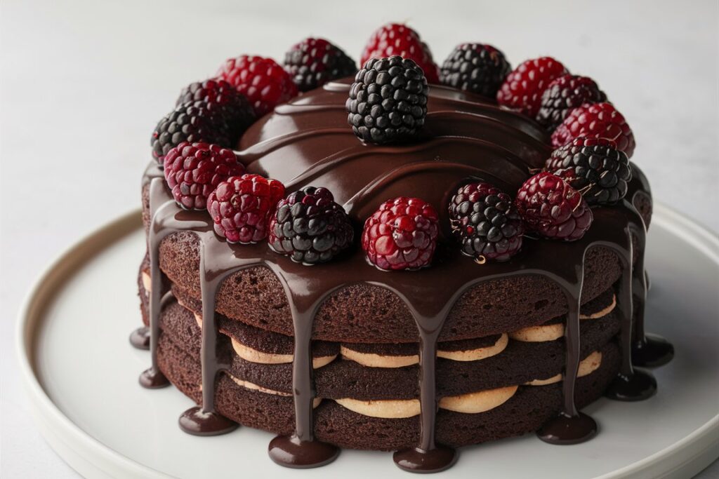 A beautifully layered dark chocolate cake adorned with vibrant blackberries, offering a rich and fruity dessert experience.