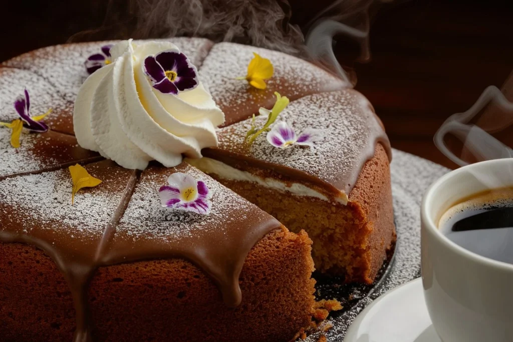 A freshly sliced Brown Cake displayed on a wooden board, revealing its rich and moist texture.