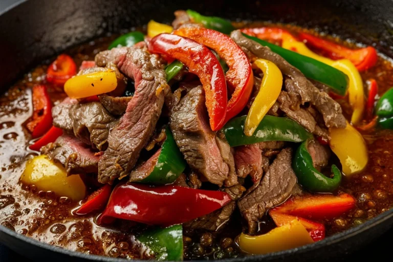 Stir-fried Chinese pepper steak with bell peppers and sesame seeds in a wok.