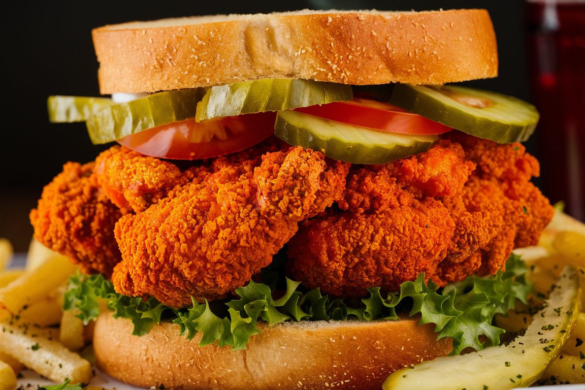 Crispy fried chicken with spicy Nashville hot sauce, pickles, and a soft sandwich bun.