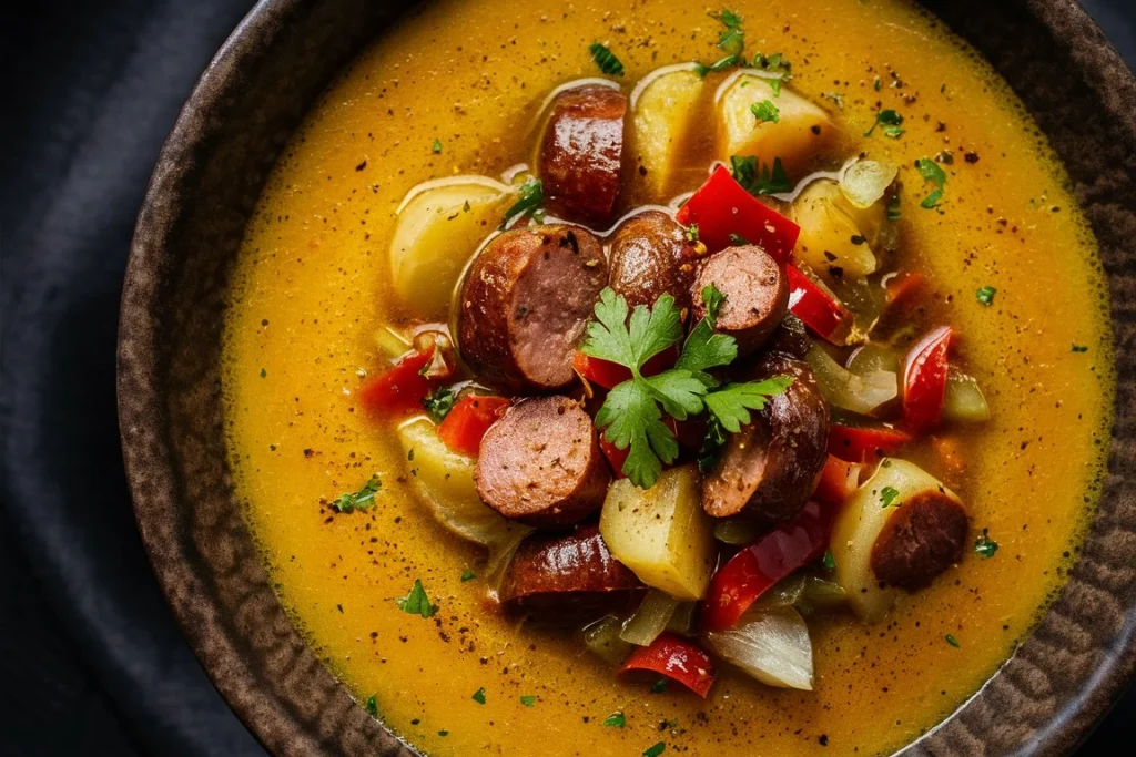 Close-up of Cajun Potato Soup with creamy broth, sliced sausage, and fresh herbs in a rustic bowl