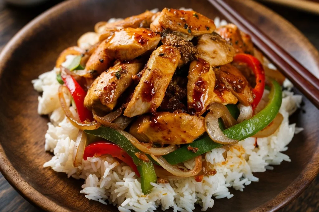 A sizzling plate of homemade Black Pepper Chicken stir-fry with colorful bell peppers and a rich, savory sauce, served over jasmine rice