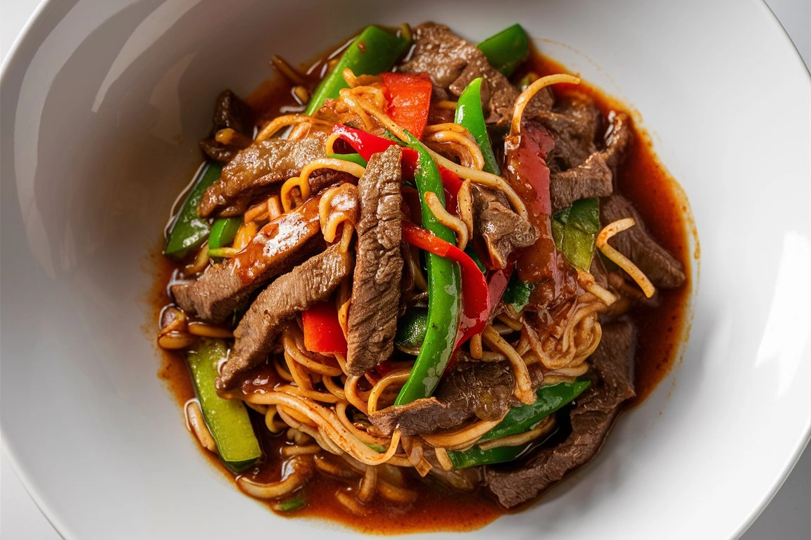 Beef stir fry with noodles, colorful vegetables, and a savory sauce.