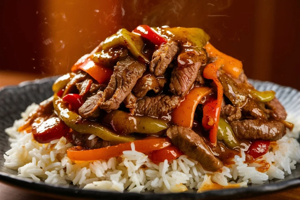 Pepper steak served over steamed white rice on a plate.