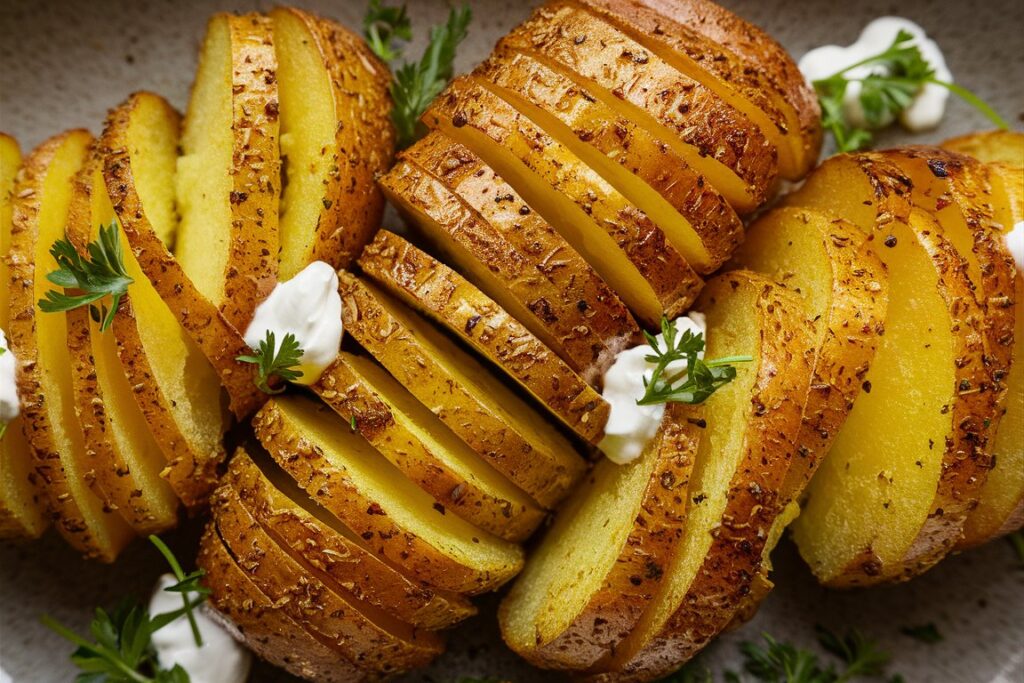 Oven-roasted seasoned potatoes in a baking dish with a garnish of fresh rosemary.