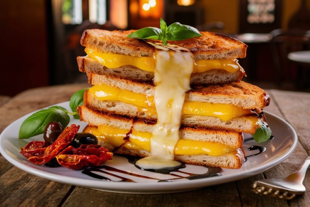 talian grilled cheese sandwich with mozzarella, pesto, and sun-dried tomatoes