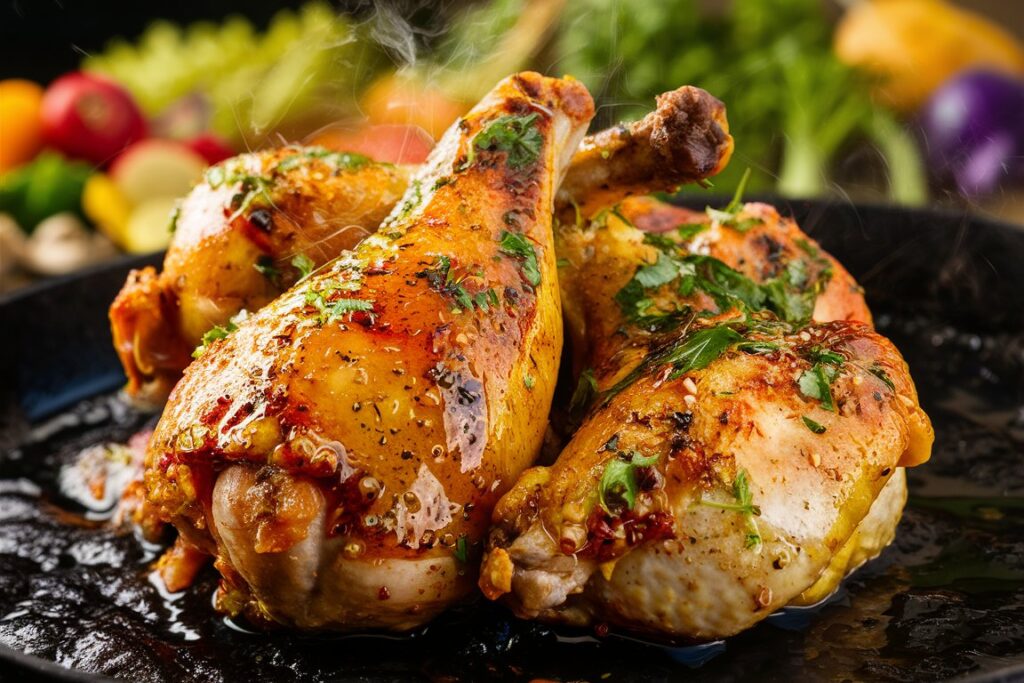 "Juicy, flavorful marinated chicken with herbs and spices, ready to be grilled or baked."

