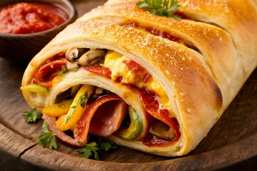 Close-up of a golden-brown Stromboli with a shiny, egg-washed crust, resting on a wooden cutting board.
