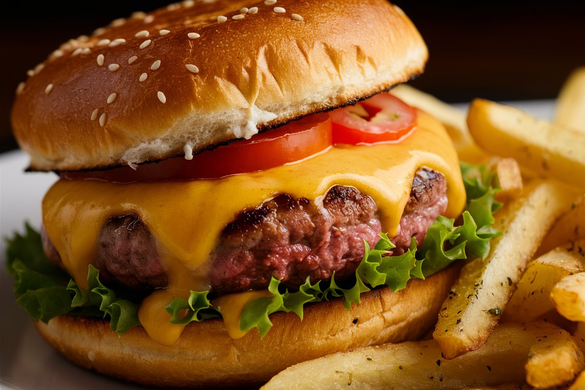 A juicy cheeseburger with melted cheese, fresh lettuce, tomato, and a toasted bun.