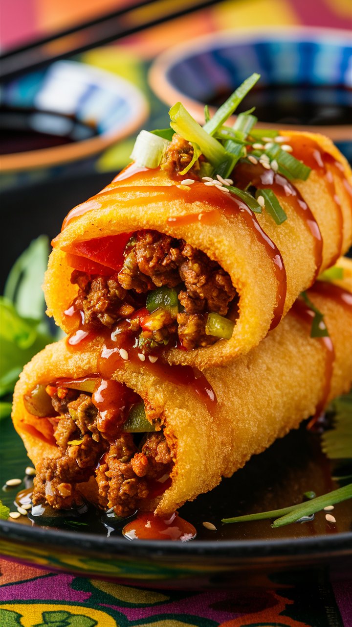 Crispy, golden-brown jalapeño egg rolls served on a plate with a dipping sauce, garnished with fresh herbs.