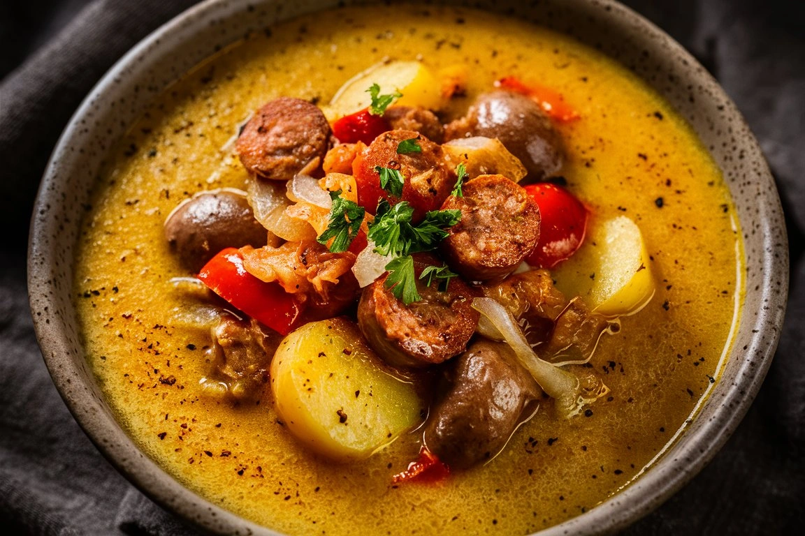 A steaming bowl of creamy Cajun Potato Soup with smoked sausage and diced potatoes, garnished with fresh herbs