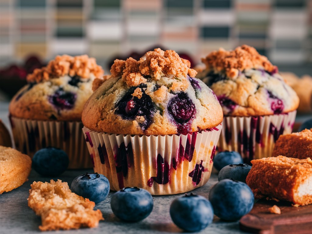 Golden brown blueberry muffins in a muffin tin, bursting with fresh blueberries