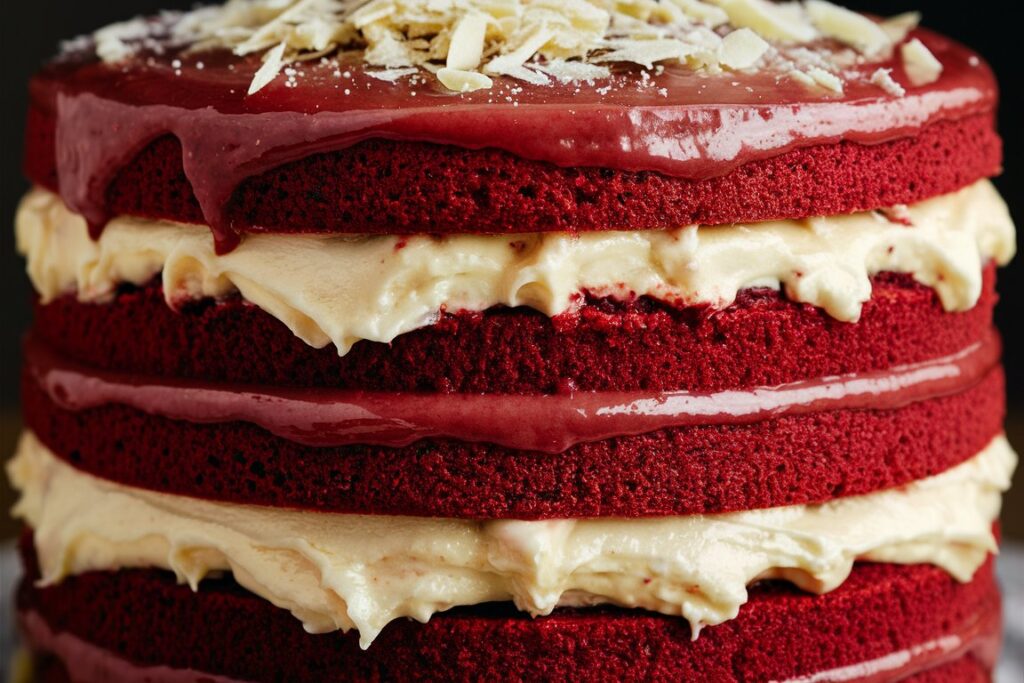 A forkful of red velvet cheesecake cake showing the layers of moist cake and creamy cheesecake filling.