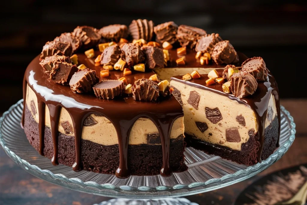 A top-down view of a whole Reese’s Peanut Butter Cheesecake garnished with peanut butter cups and chocolate drizzle.