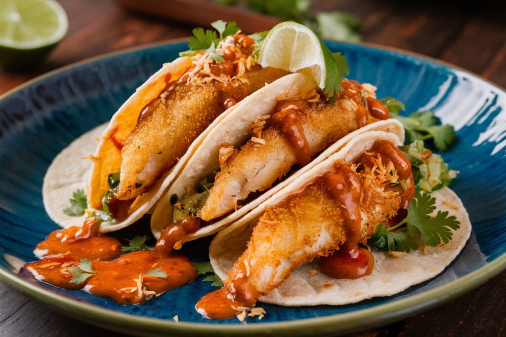 Close-up of crispy fish tacos topped with pico de gallo, cilantro, and a squeeze of lime.