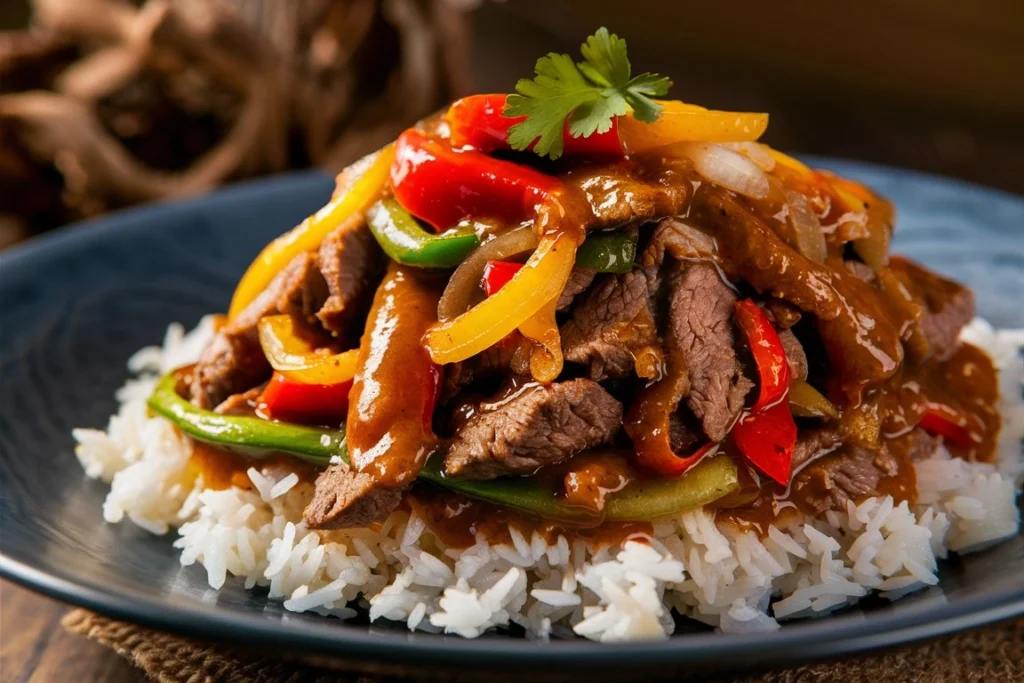 Close-up of pepper steak with red and green bell peppers in a skillet