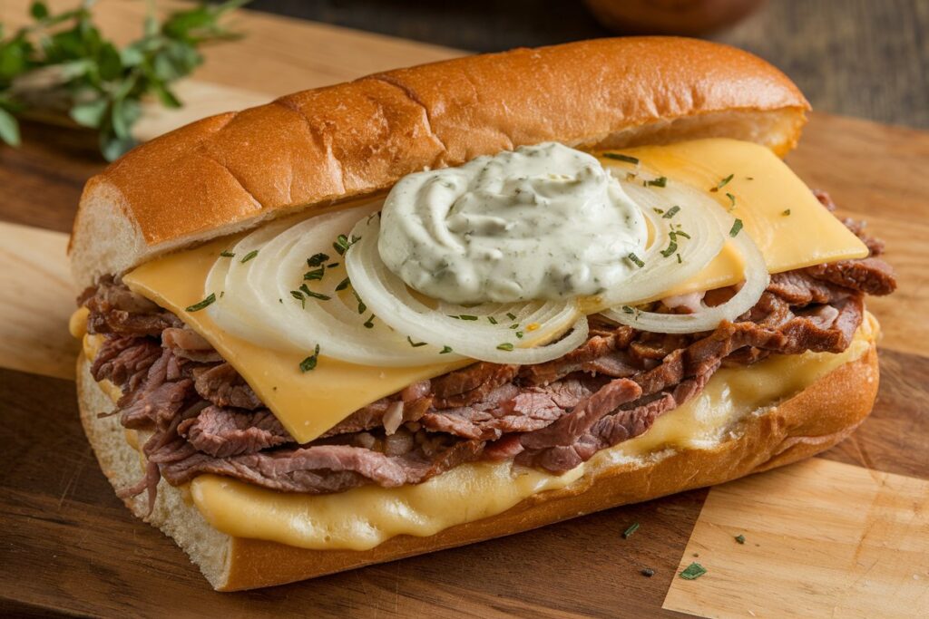 A mouthwatering Philly Cheesesteak Loaded with sizzling steak, melted cheese, and sautéed veggies served in a warm hoagie rol