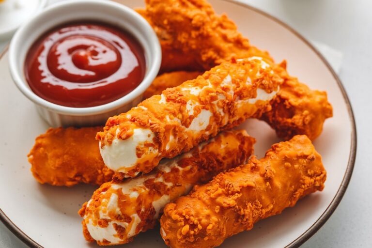 A plate of crispy Hot Cheeto-covered mozzarella sticks, golden brown and served with dipping sauce."