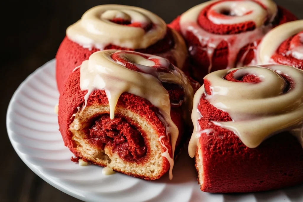 Close-up of a soft and fluffy Red Velvet Cinnamon Roll with a rich swirl of cinnamon filling.