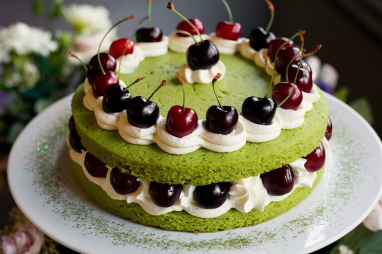 A vibrant green cherry cake topped with a sweet glaze and garnished with candied cherries.