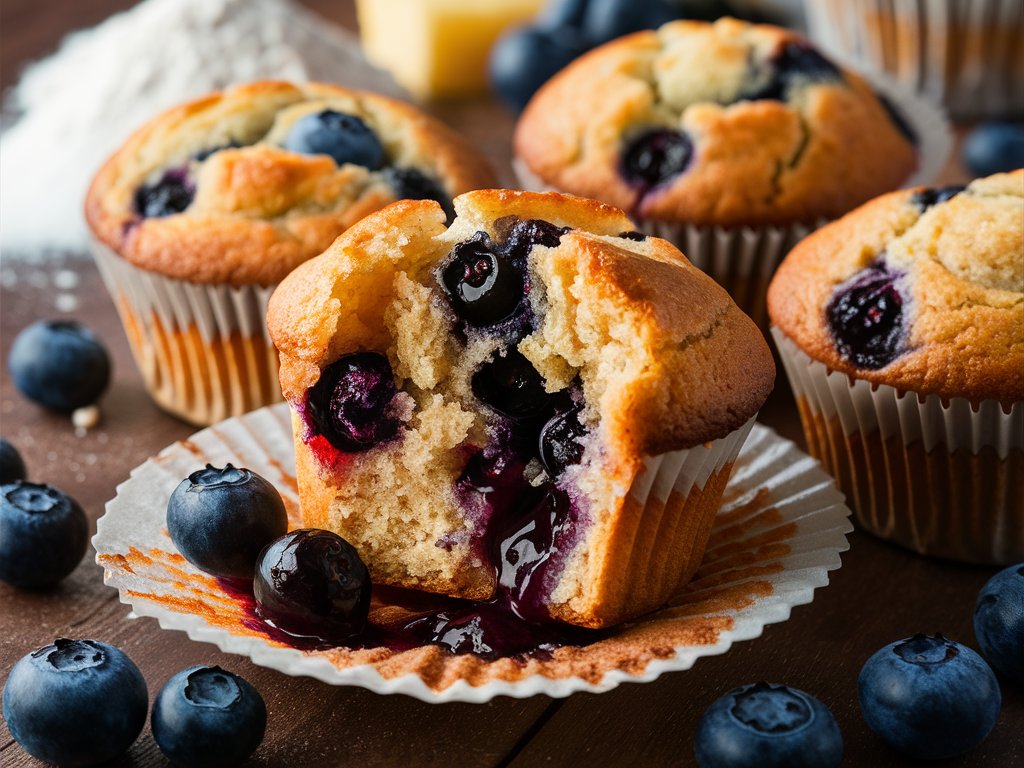 A blueberry muffin with a bite taken out, showing its soft and fluffy texture inside