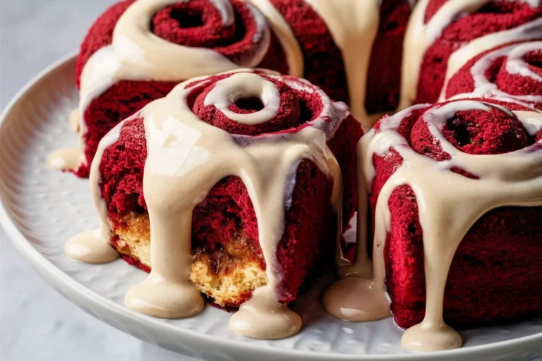 A plate of freshly baked Red Velvet Cinnamon Rolls drizzled with creamy frosting.