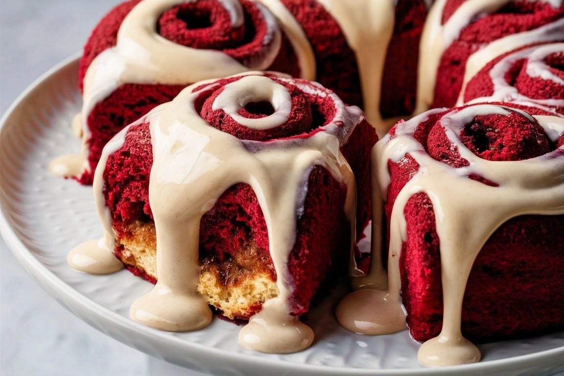 A plate of freshly baked Red Velvet Cinnamon Rolls drizzled with creamy frosting.