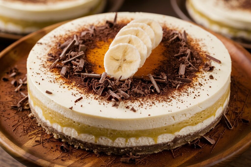 No-bake banana pudding cheesecake with banana slices and a graham cracker crust